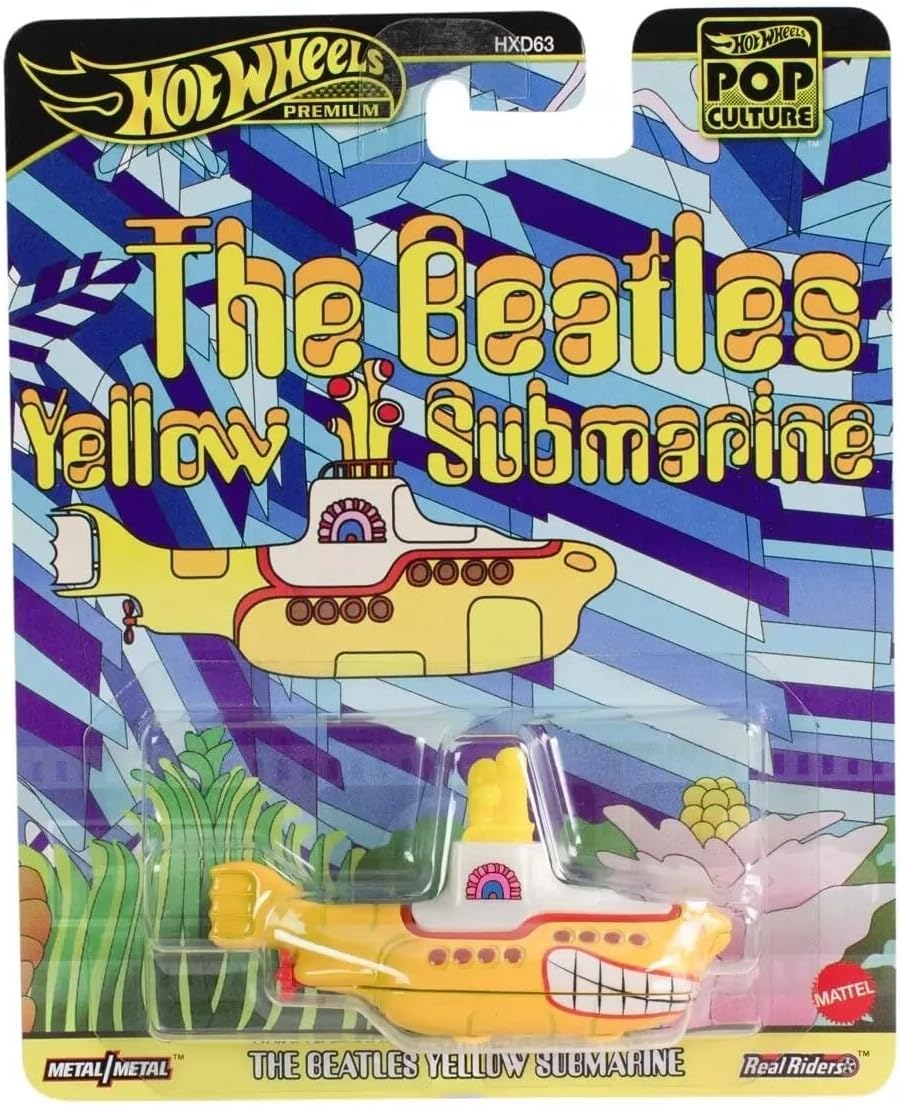 Hot Wheels Beatles Yellow Submarine side view, authentic details for display and collection.