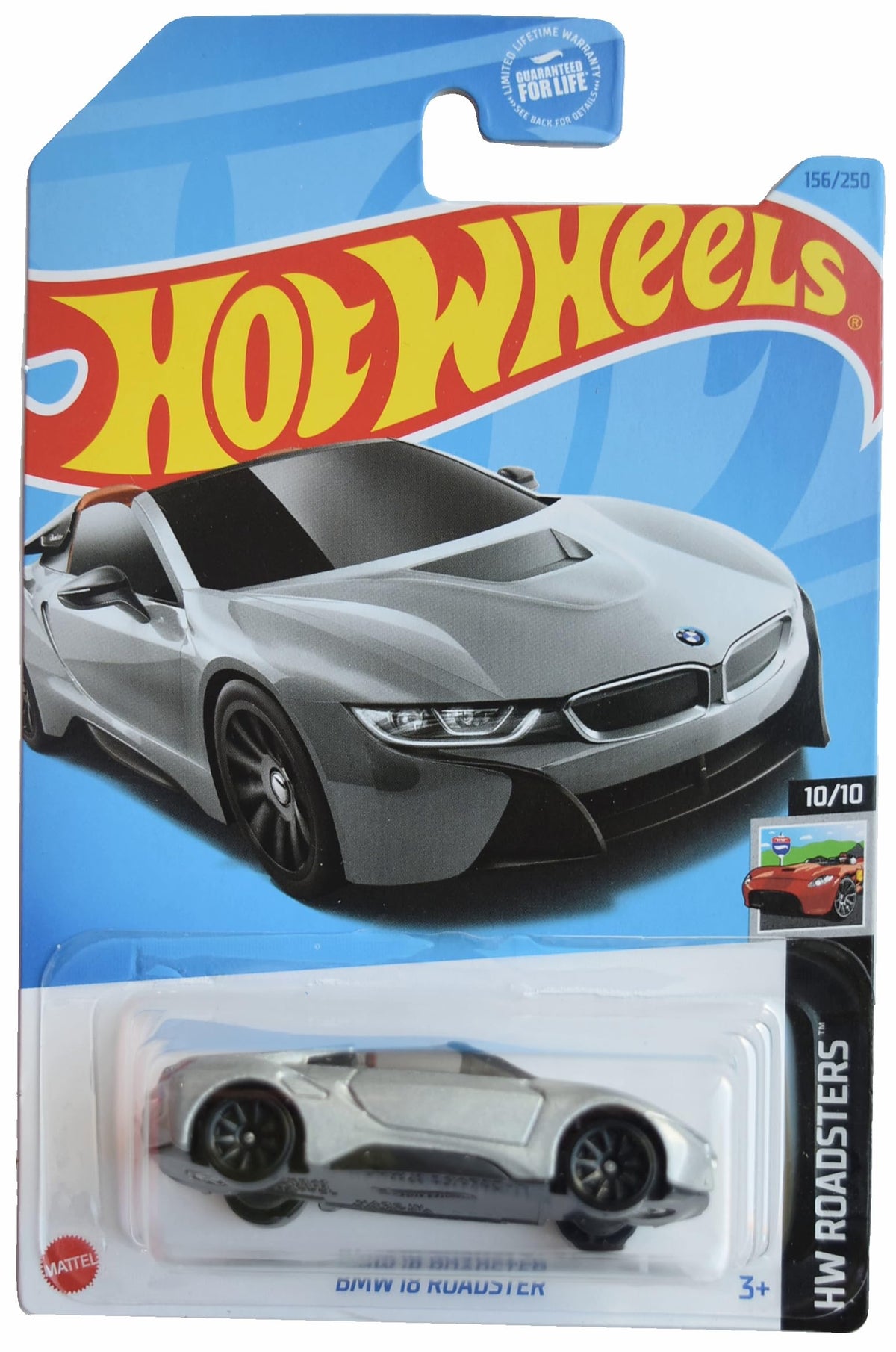 Hot Wheels BMW i8 Roadster in silver, 1:64 scale die-cast for display and collection.