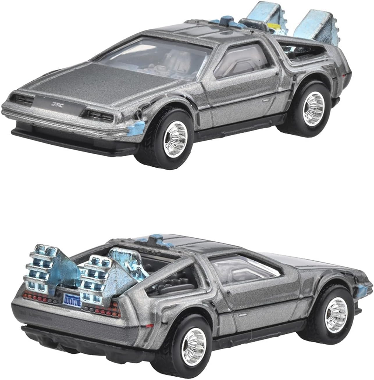 Hot Wheels BTTF DeLorean DMC12 with OUTATIME plate, ideal for display and collection.