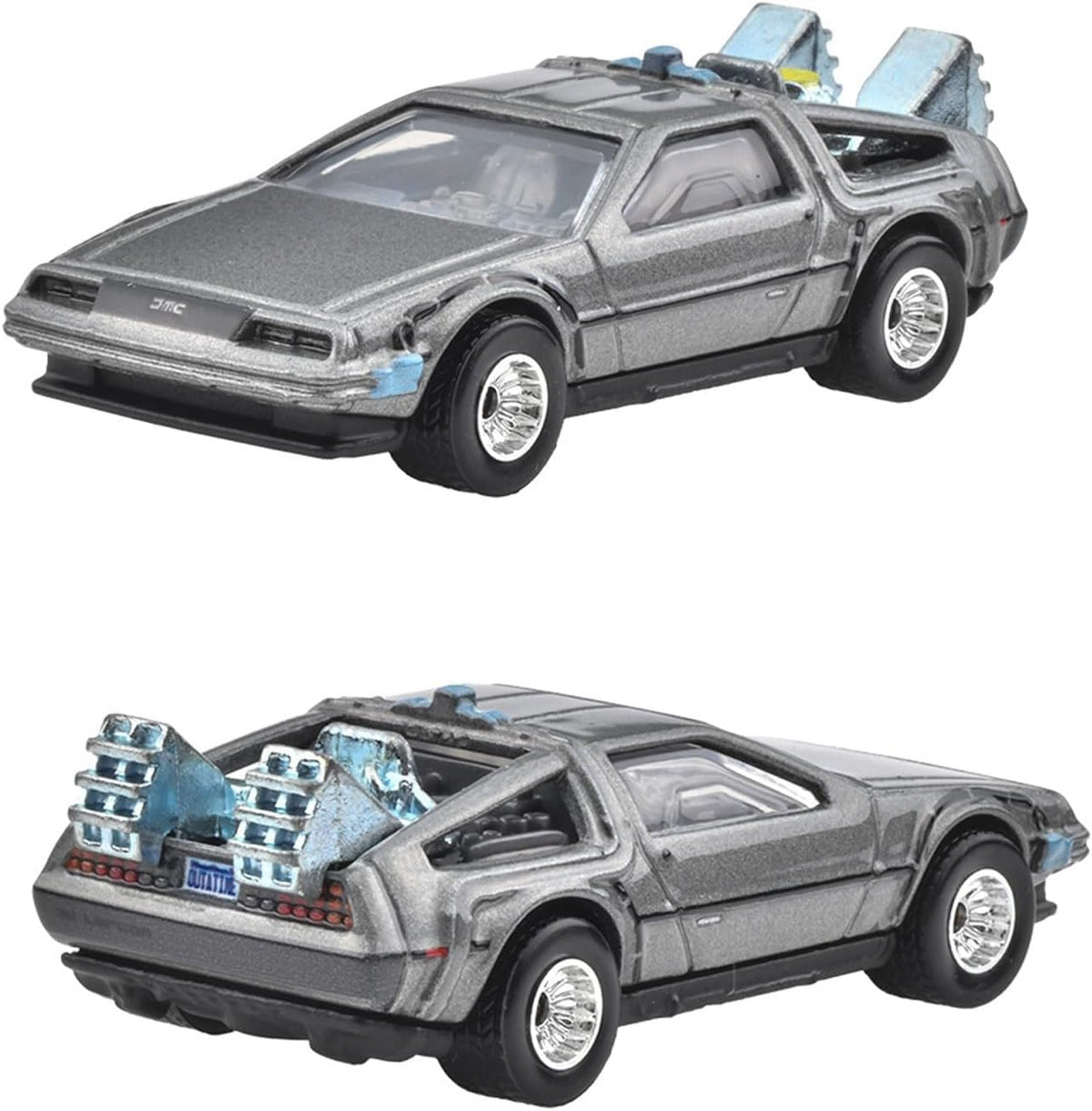 Hot Wheels BTTF DeLorean DMC12 with OUTATIME plate, ideal for display and collection.