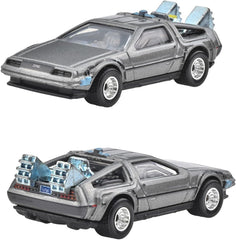 Hot Wheels BTTF DeLorean DMC12 with OUTATIME plate, ideal for display and collection.
