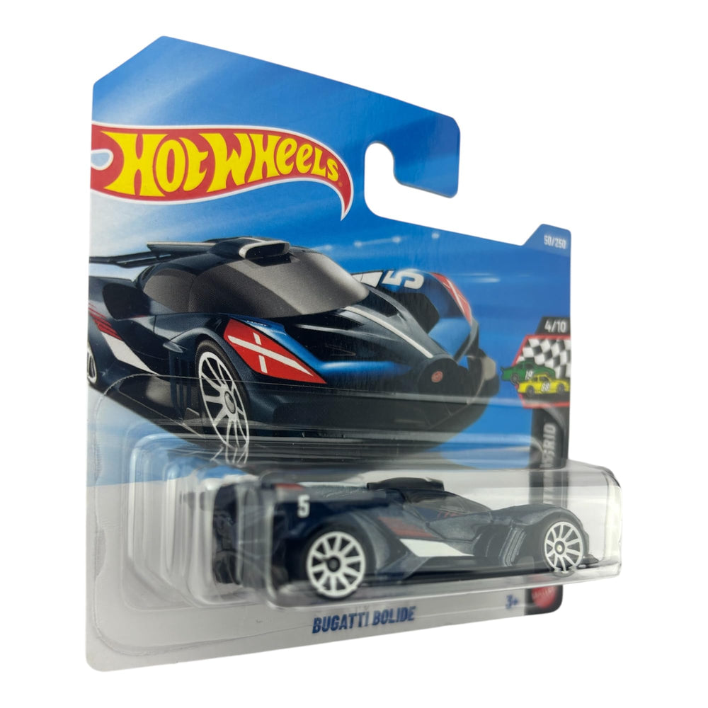 Hot Wheels Bugatti Bolide front-angle view captures precise grille and bright color appeal.