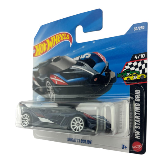 Hot Wheels Bugatti Bolide top-down shot emphasizes the glossy blue coat and compact 1:64 scale.