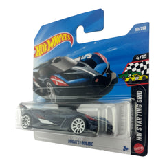 Hot Wheels Bugatti Bolide top-down shot emphasizes the glossy blue coat and compact 1:64 scale.