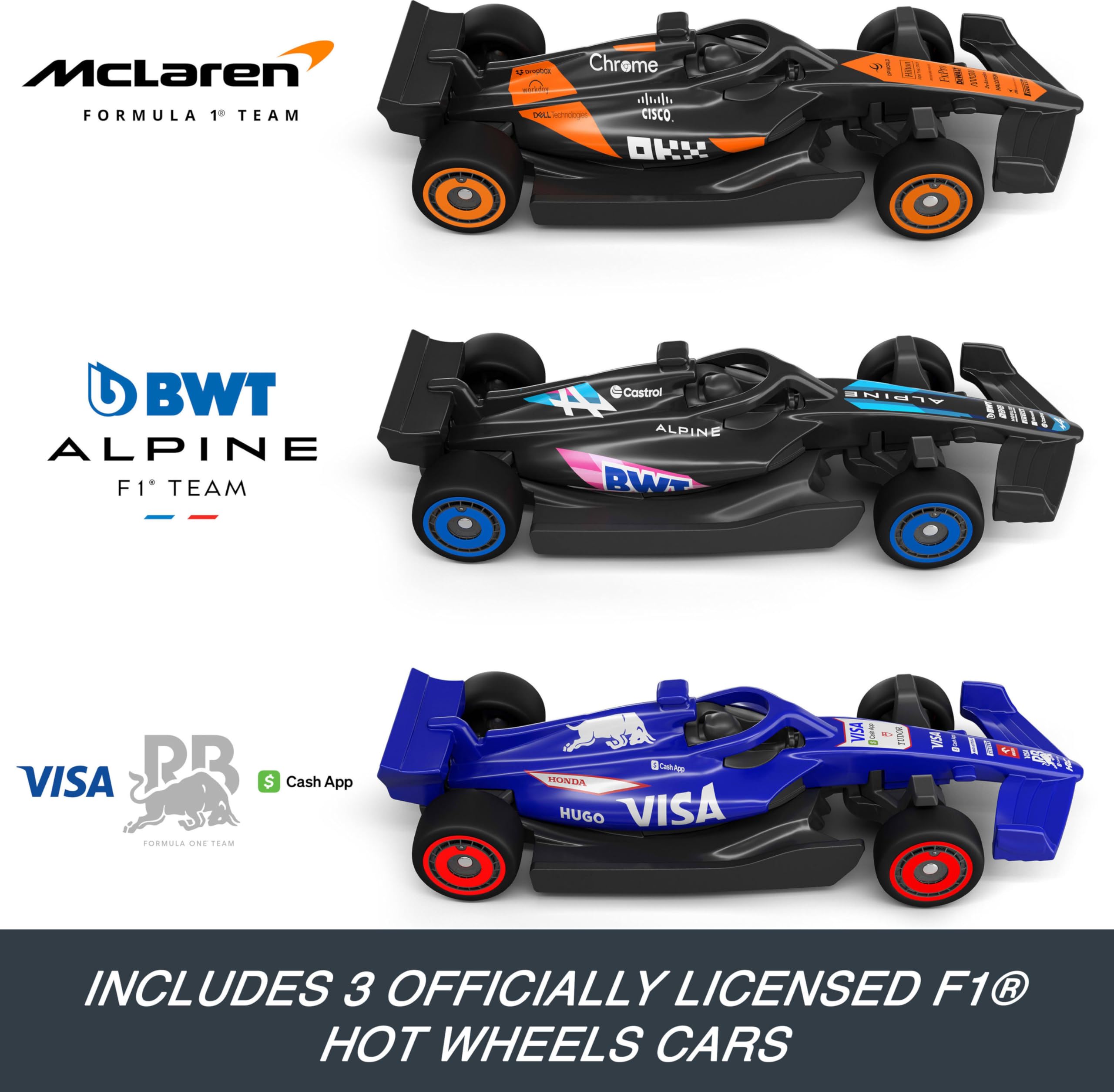 Hot Wheels Alpine 1:64 die-cast car enhances team-themed racing.