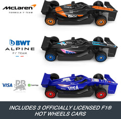 Hot Wheels Alpine 1:64 die-cast car enhances team-themed racing.
