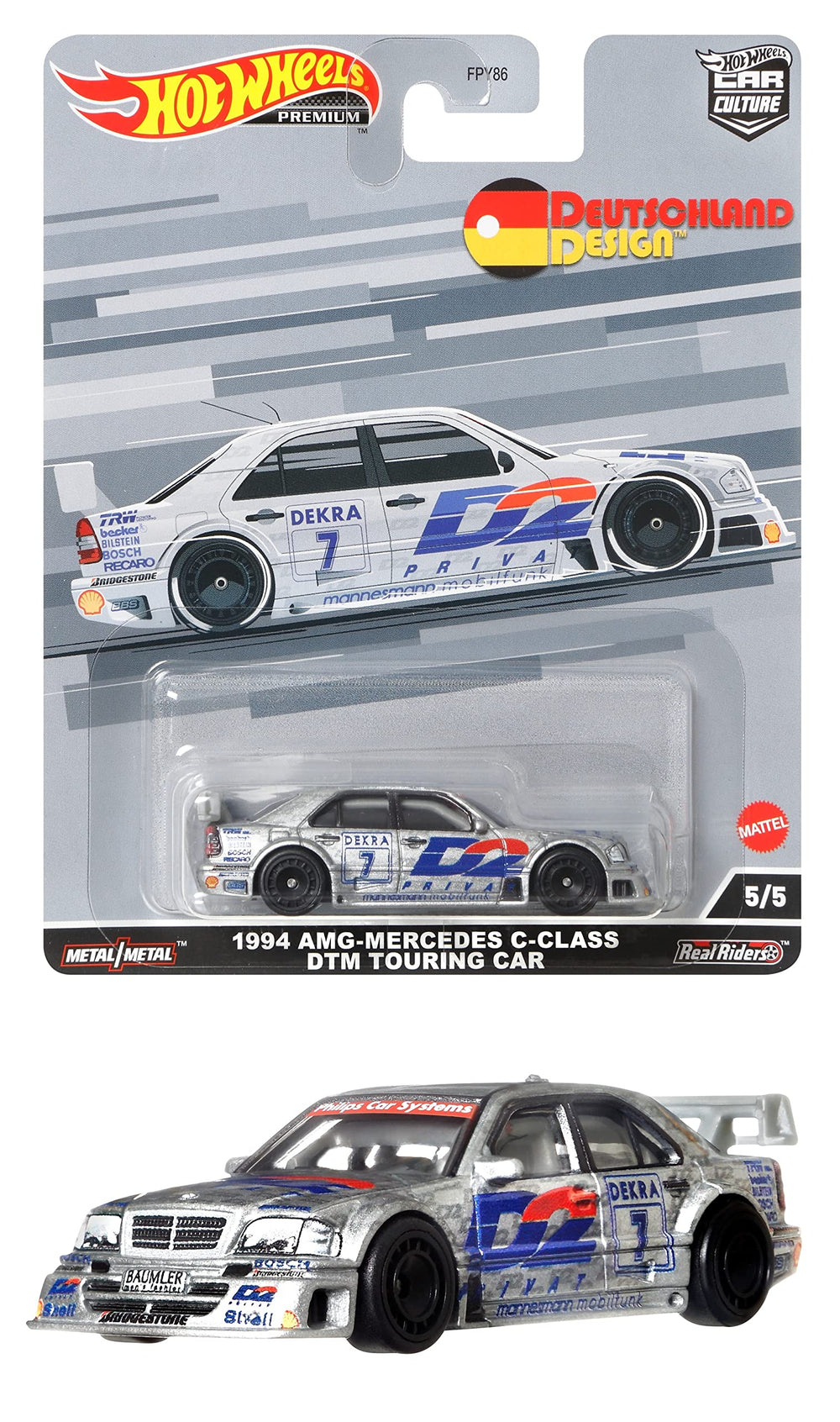 Hot Wheels Circuit Legend Mercedes DTM front-angle shows authentic deco ideal for display