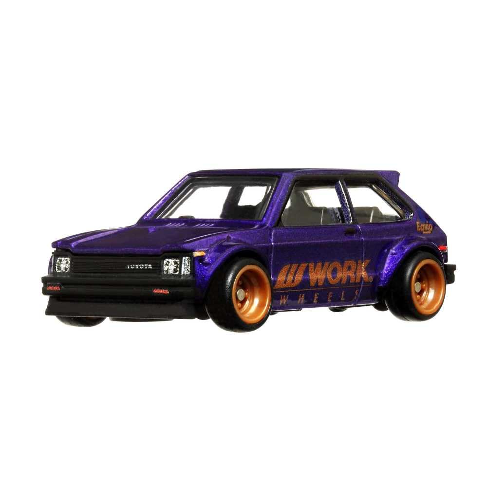 Hot Wheels Circuit Legend Toyota Starlet KP61 decal close-up shows authentic branding.