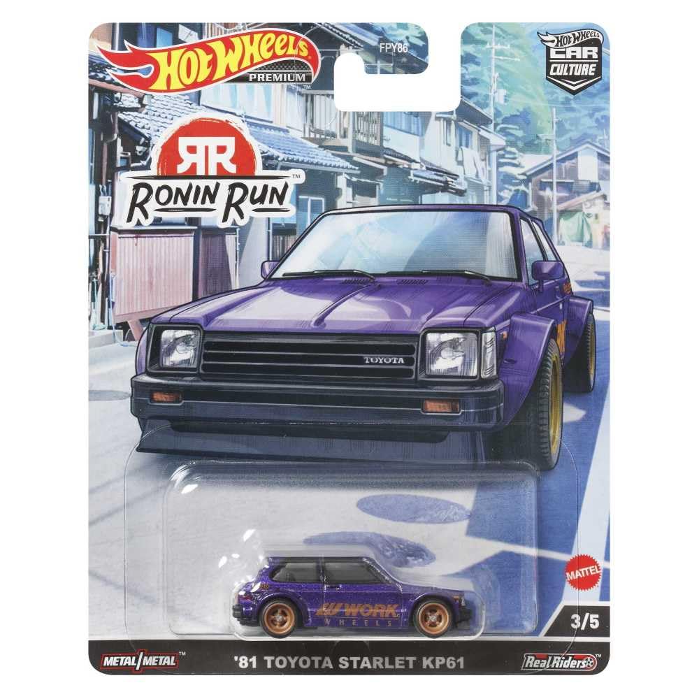 Hot Wheels Circuit Legend Toyota Starlet KP61 display stand supports organized collection.