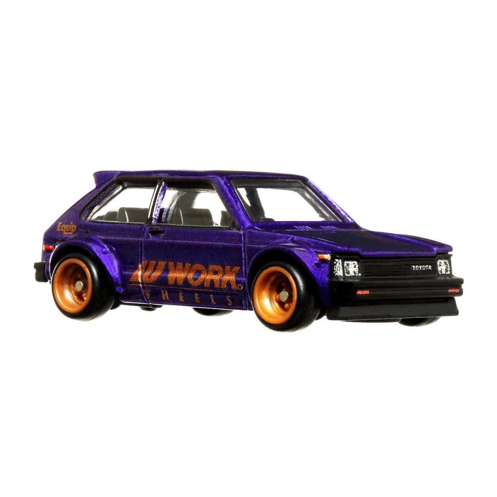 Hot Wheels Circuit Legend Toyota Starlet KP61 front view with authentic detailing for play and display.