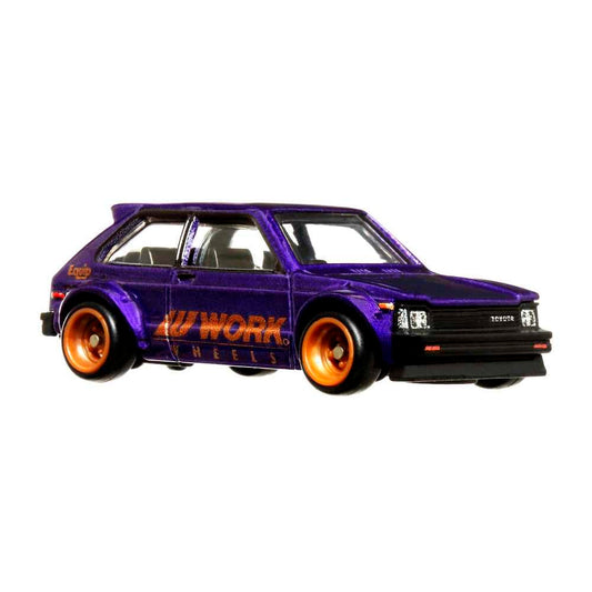 Hot Wheels Circuit Legend Toyota Starlet KP61 front view with authentic detailing for play and display.