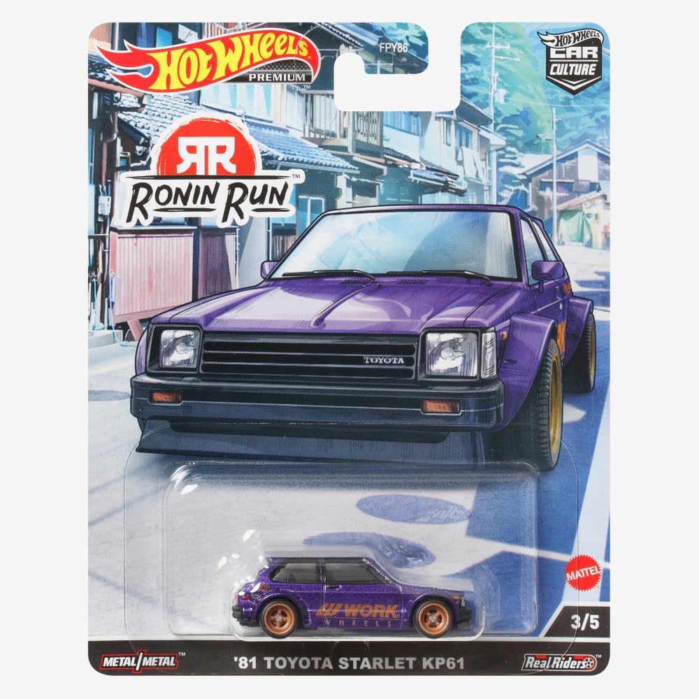 Hot Wheels Circuit Legend Toyota Starlet KP61 wheel detail enhances realism for play.