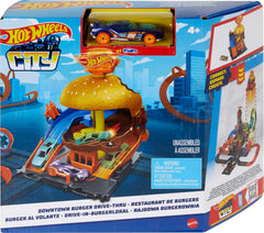 Hot Wheels City Burger Drive-Thru sign activates play as cars move through the route.