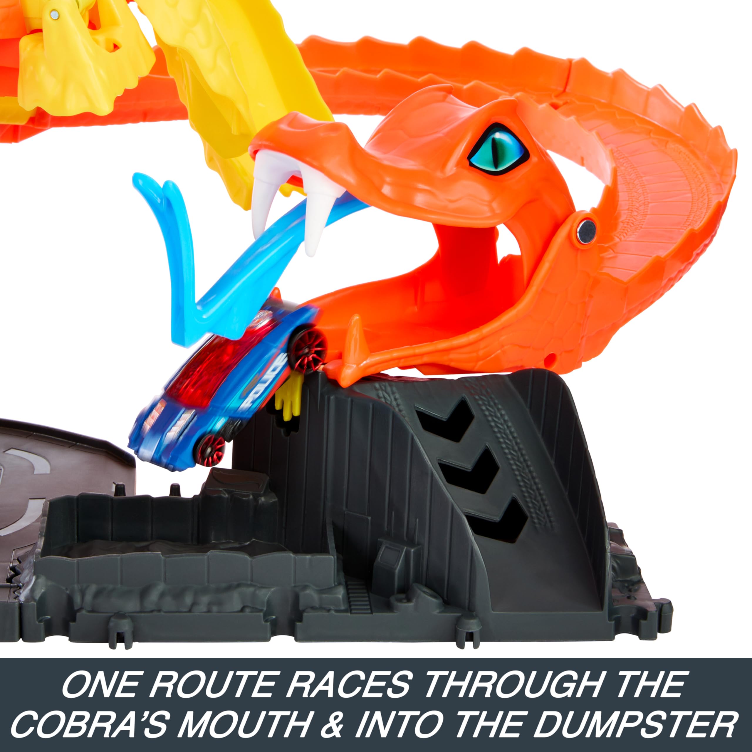 Hot Wheels City car races toward the cobra mouth for dramatic action.