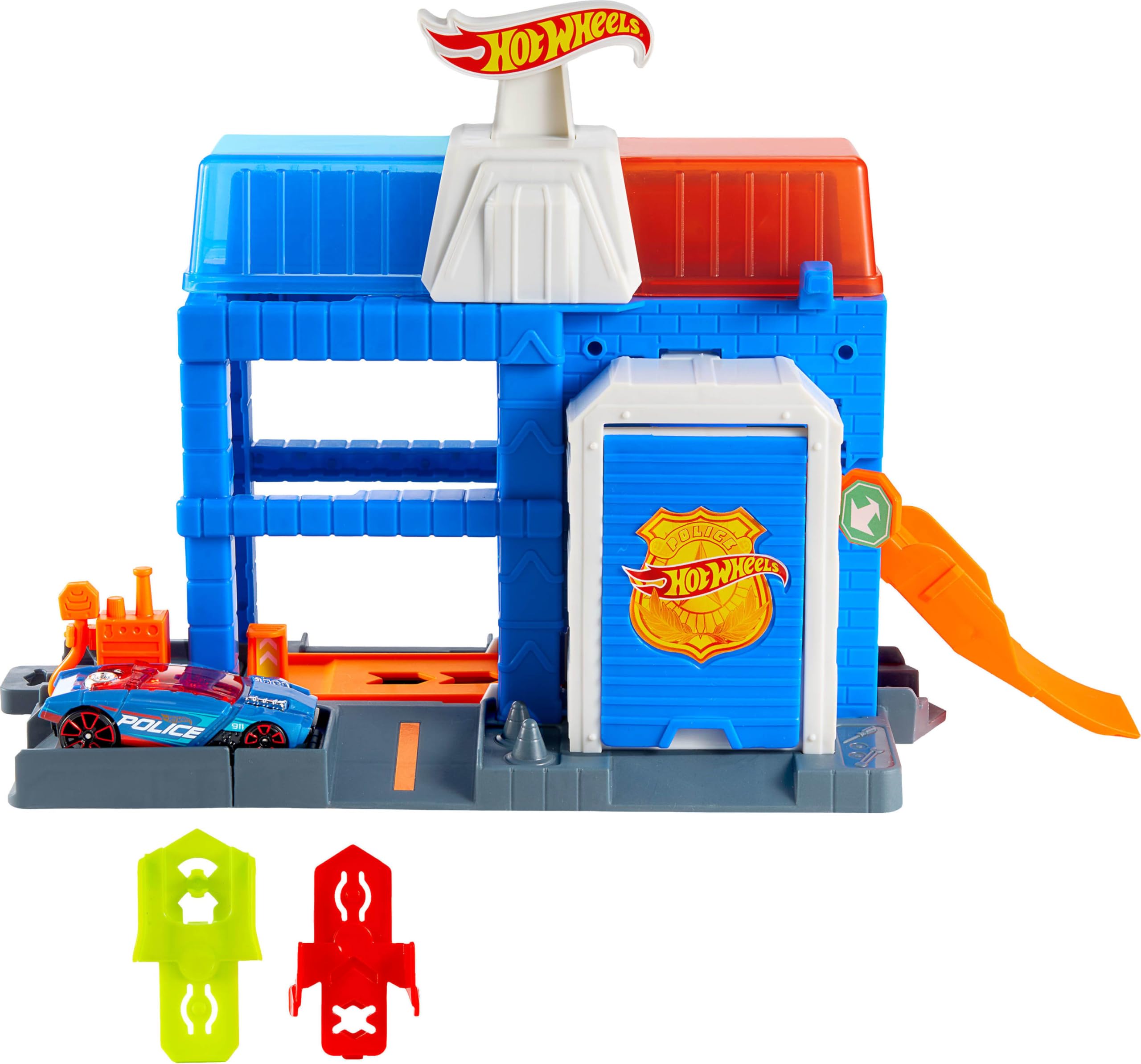 Hot Wheels City Downtown Police Tower lookout station with translucent windows for city-watch realism.