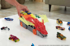 Hot Wheels Dragon mouth launch action shows vehicles shooting for playtime excitement.