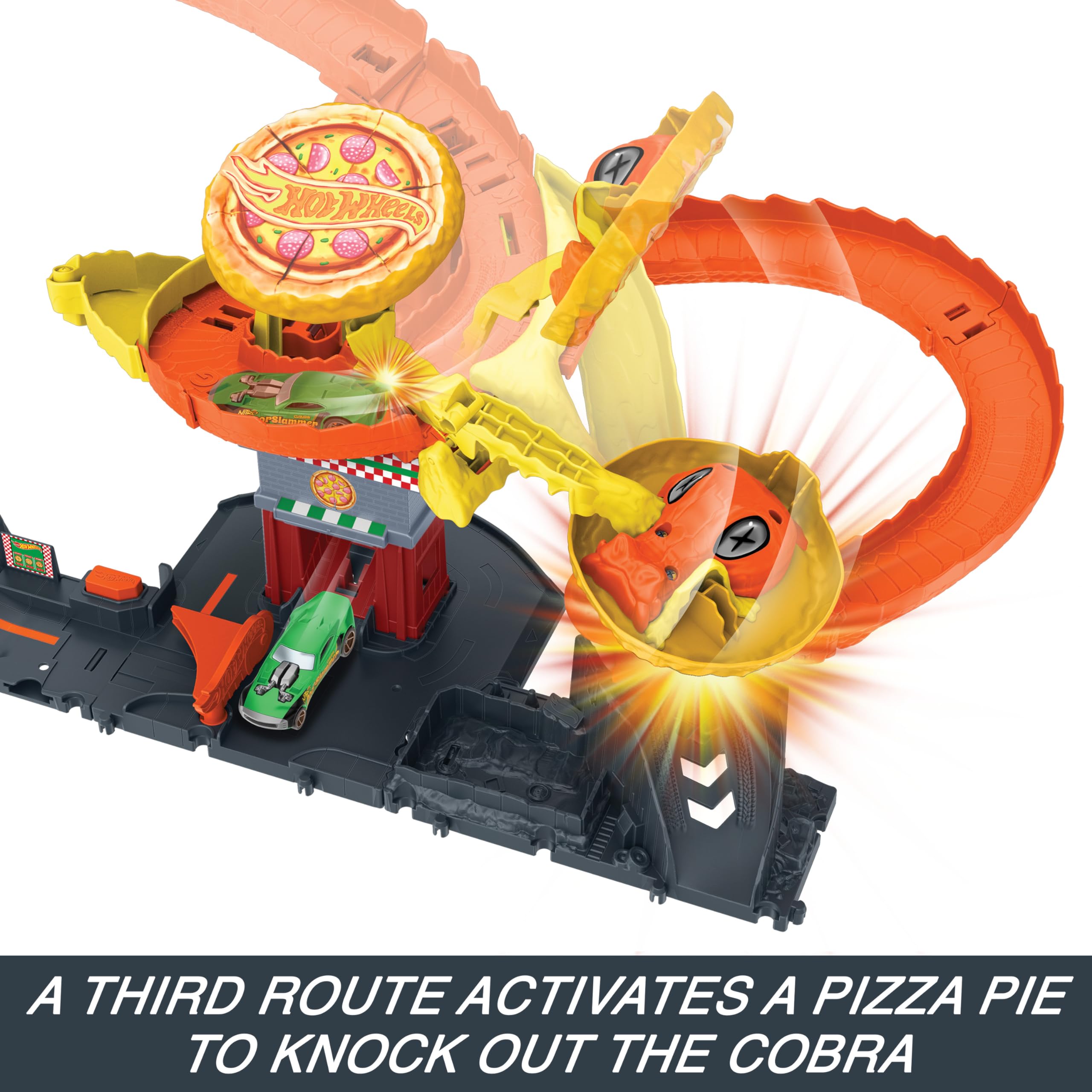Hot Wheels City dumpster path supports open-ended storytelling.