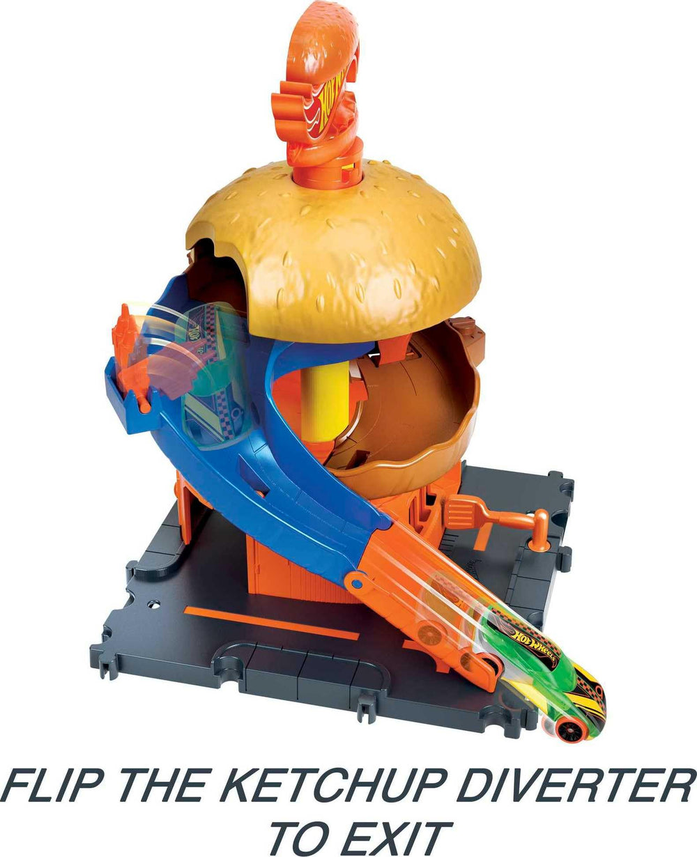 Hot Wheels flame broiler detail adds sizzling realism to city adventures.