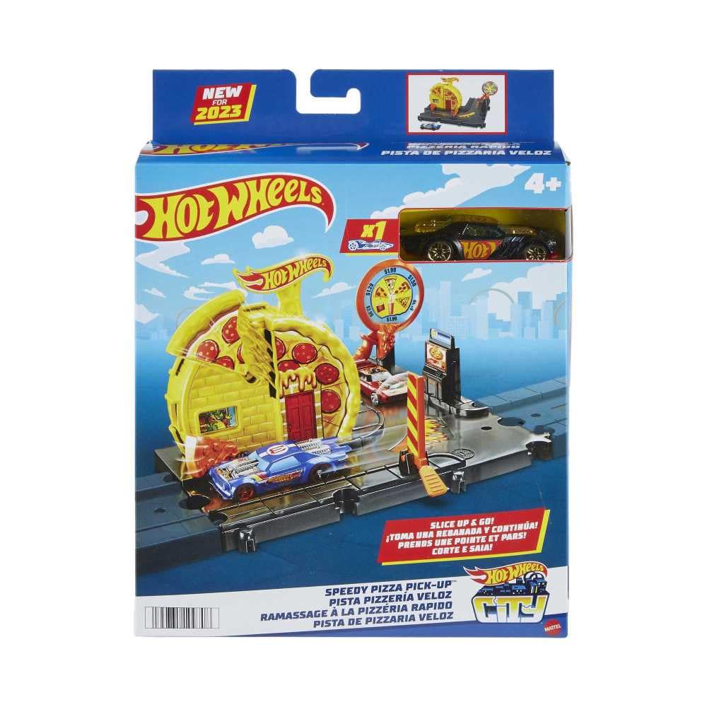 Hot Wheels City Speedy Pizza Pick-Up car included for instant action.