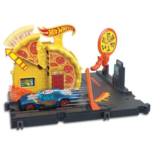 Hot Wheels City Speedy Pizza Pick-Up ramps and signs boost stunt-filled play sessions.