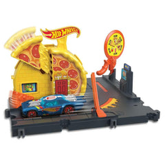Hot Wheels City Speedy Pizza Pick-Up spinning sign adds exciting surprises during play.