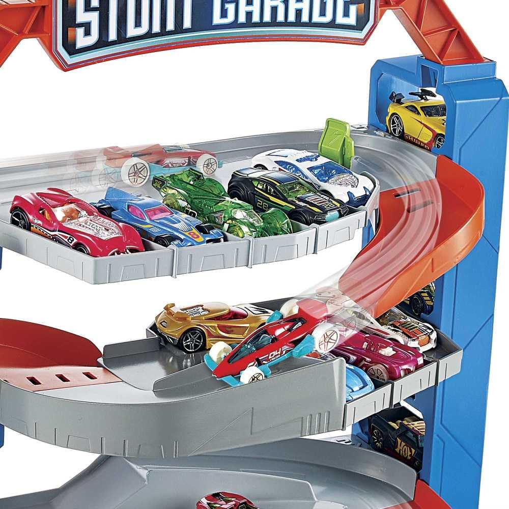 Vertical garage action with four levels fuels imaginative racing fantasies.