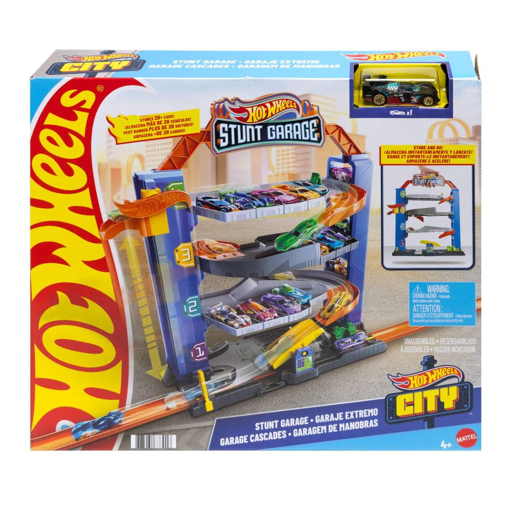Hot Wheels City Stunt Garage elevator lifts cars to upper levels for epic stunts.