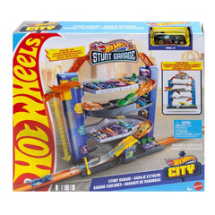Hot Wheels City Stunt Garage elevator lifts cars to upper levels for epic stunts.