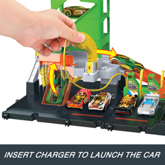 Hot Wheels City Super Recharge Fuel Station car lift showcases elevated storage play.