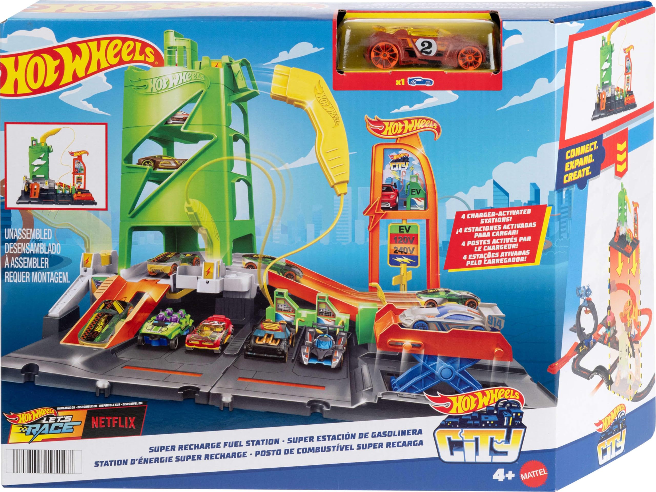 Hot Wheels City Super Recharge Fuel Station connects with other sets for expanded play.