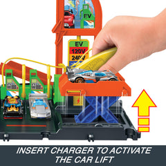 Hot Wheels City Super Recharge Fuel Station stores ten 1:64 vehicles.