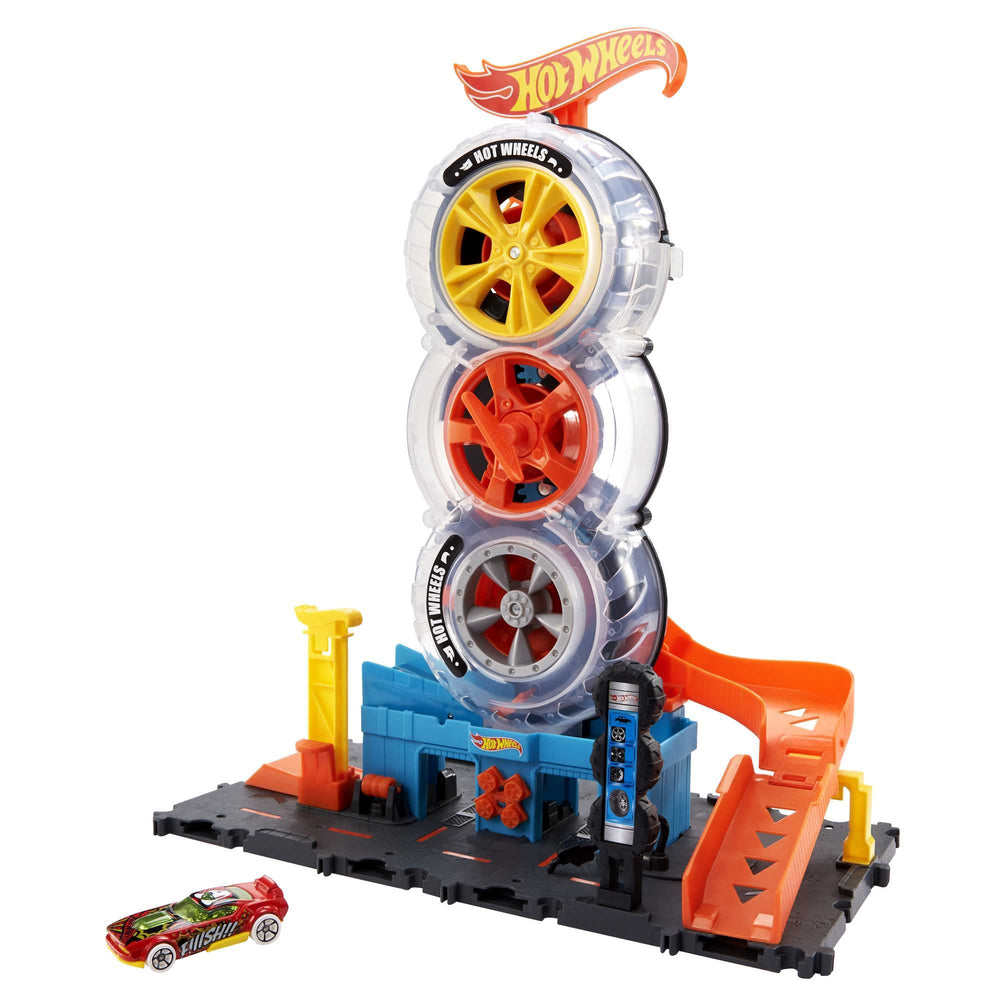 Hot Wheels City Super Twist Tire Shop assembly showing modular build for expansion