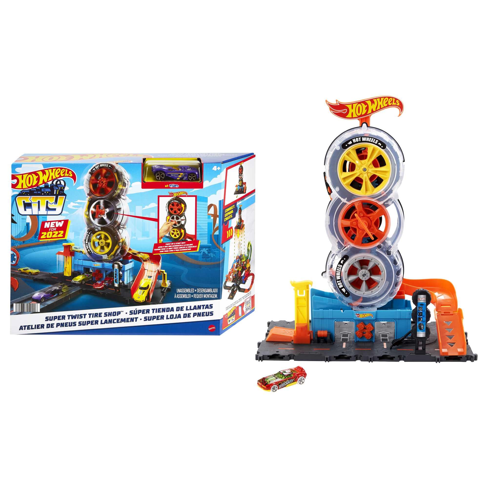 Hot Wheels City Super Twist Tire Shop exterior inviting kids to start a race