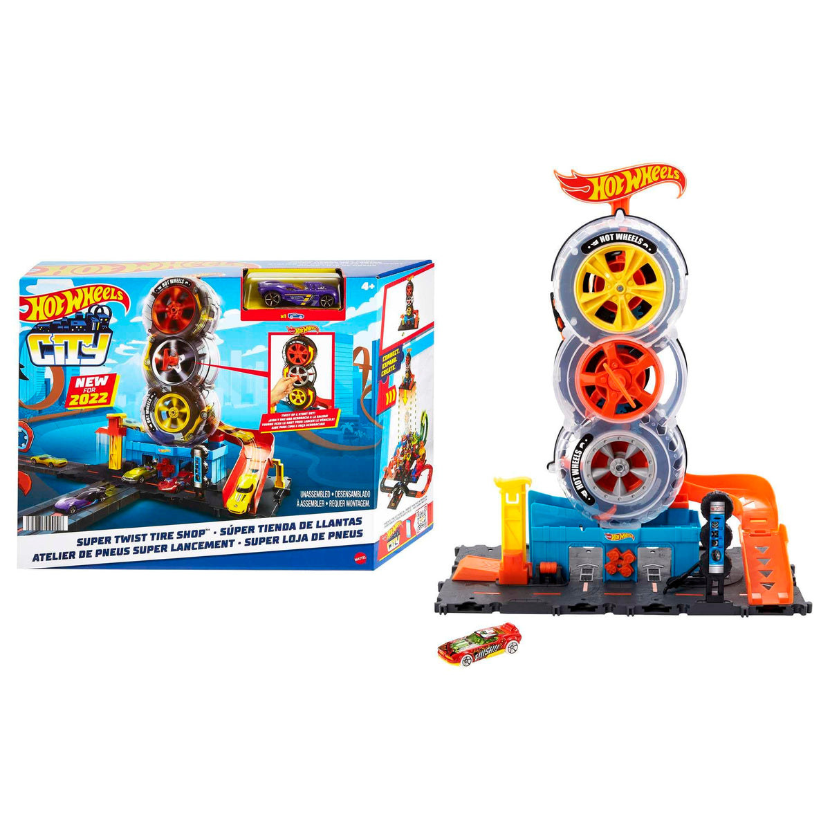 Hot Wheels City Super Twist Tire Shop exterior inviting kids to start a race