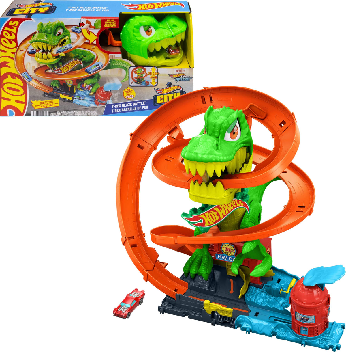 Hot Wheels City T Rex Blaze Battle track set full layout ready for action-packed play