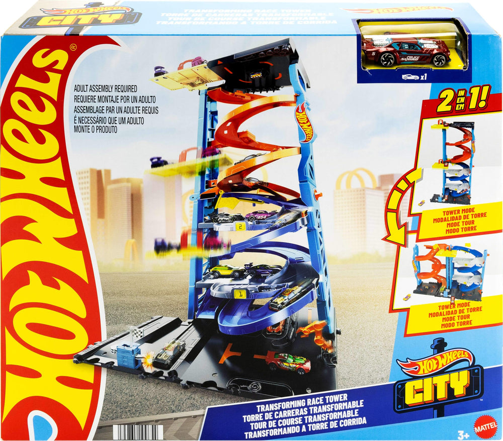 Hot Wheels City Transforming Race Tower base details spur imaginative storytelling.