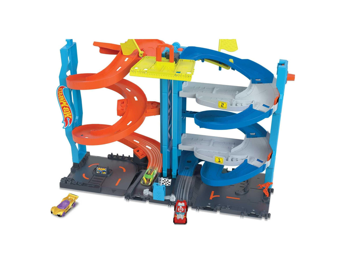 Hot Wheels City Transforming Race Tower front view showing dual-mode racing setup.