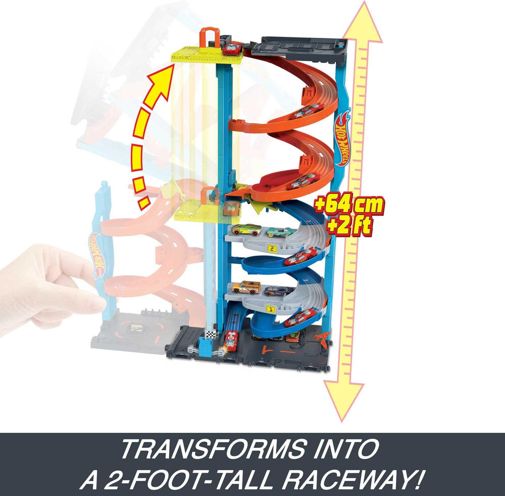 Hot Wheels City Transforming Race Tower with included 1:64-scale vehicle ready to race.