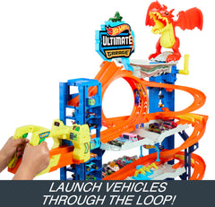 Hot Wheels City Ultimate Garage dragon battle on the top level.