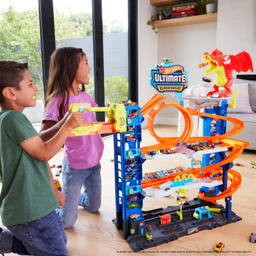 Hot Wheels City Ultimate Garage elevator in action, launching cars to the next level.