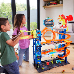Hot Wheels City Ultimate Garage elevator in action, launching cars to the next level.