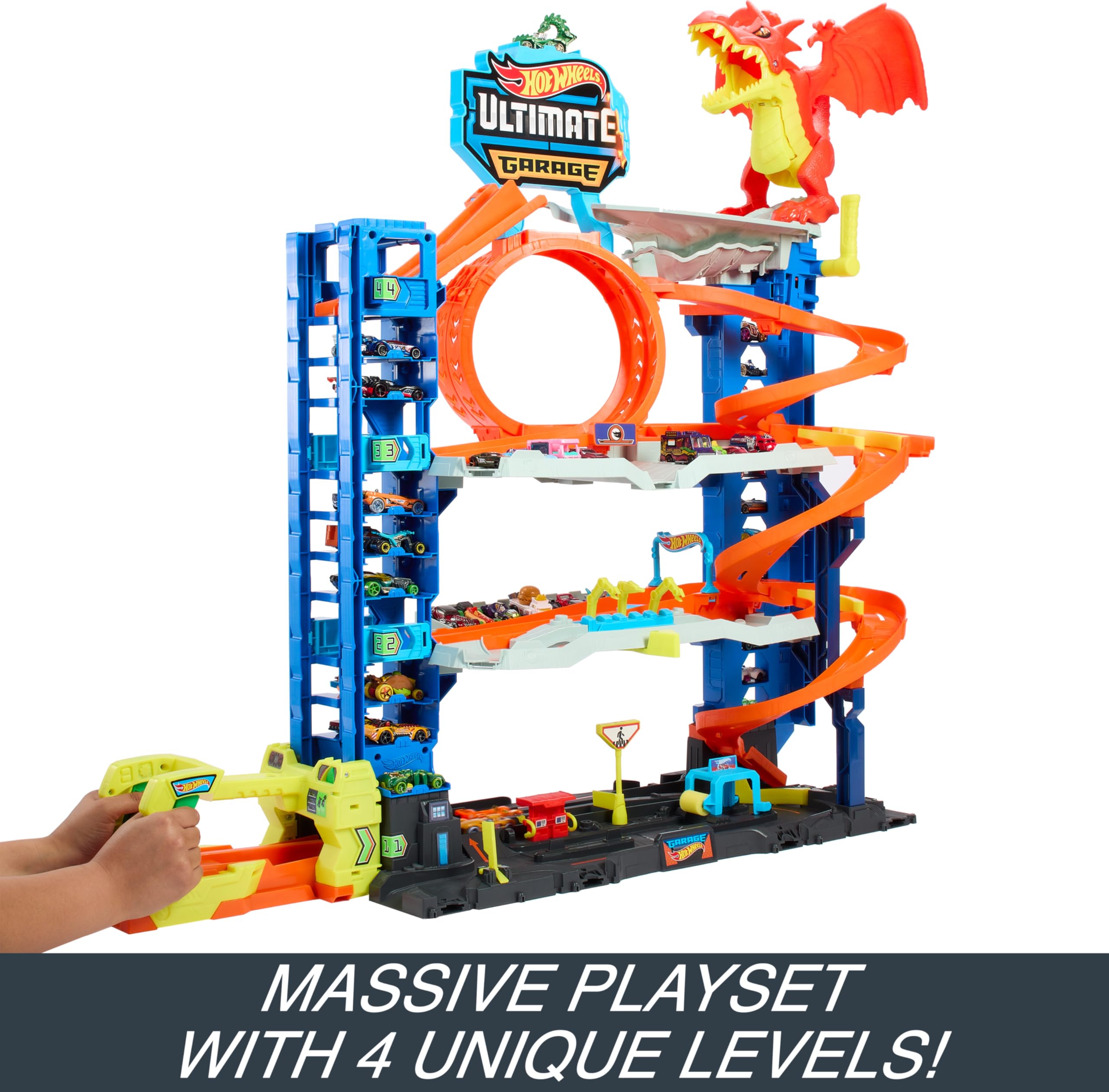 Hot Wheels City Ultimate Garage looping stunt on the third level for side-by-side fun.