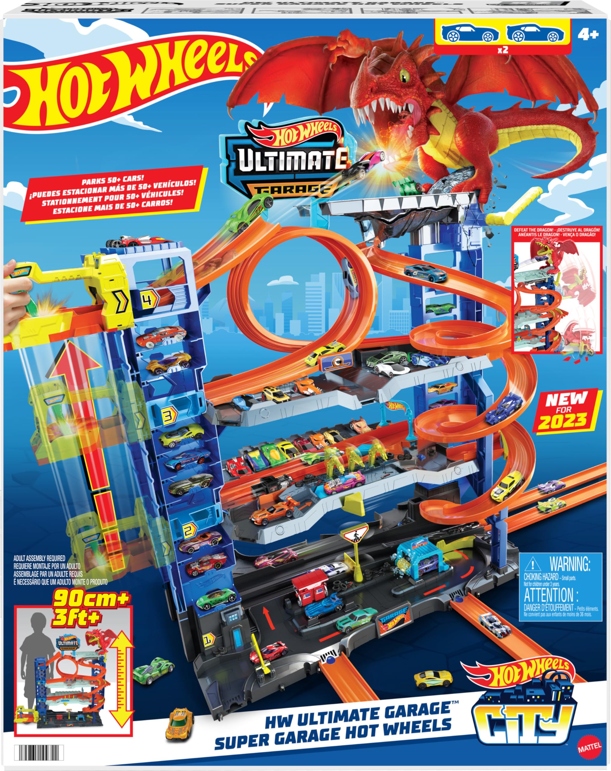 Hot Wheels City Ultimate Garage shows over 50 parking spots for extra cars.