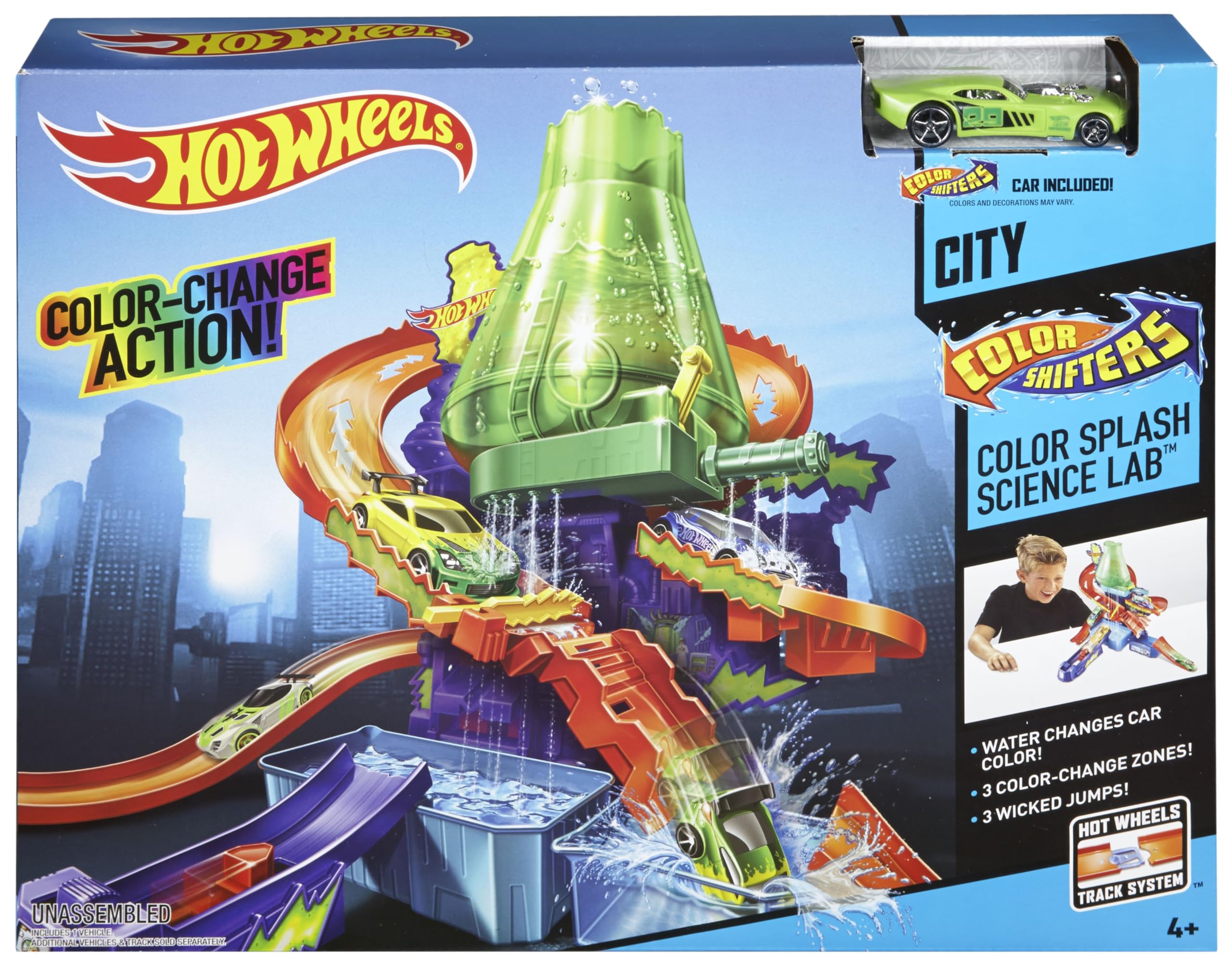 Hot Wheels Color Shifters Color Splash Science Lab connects to existing tracks to expand play space.