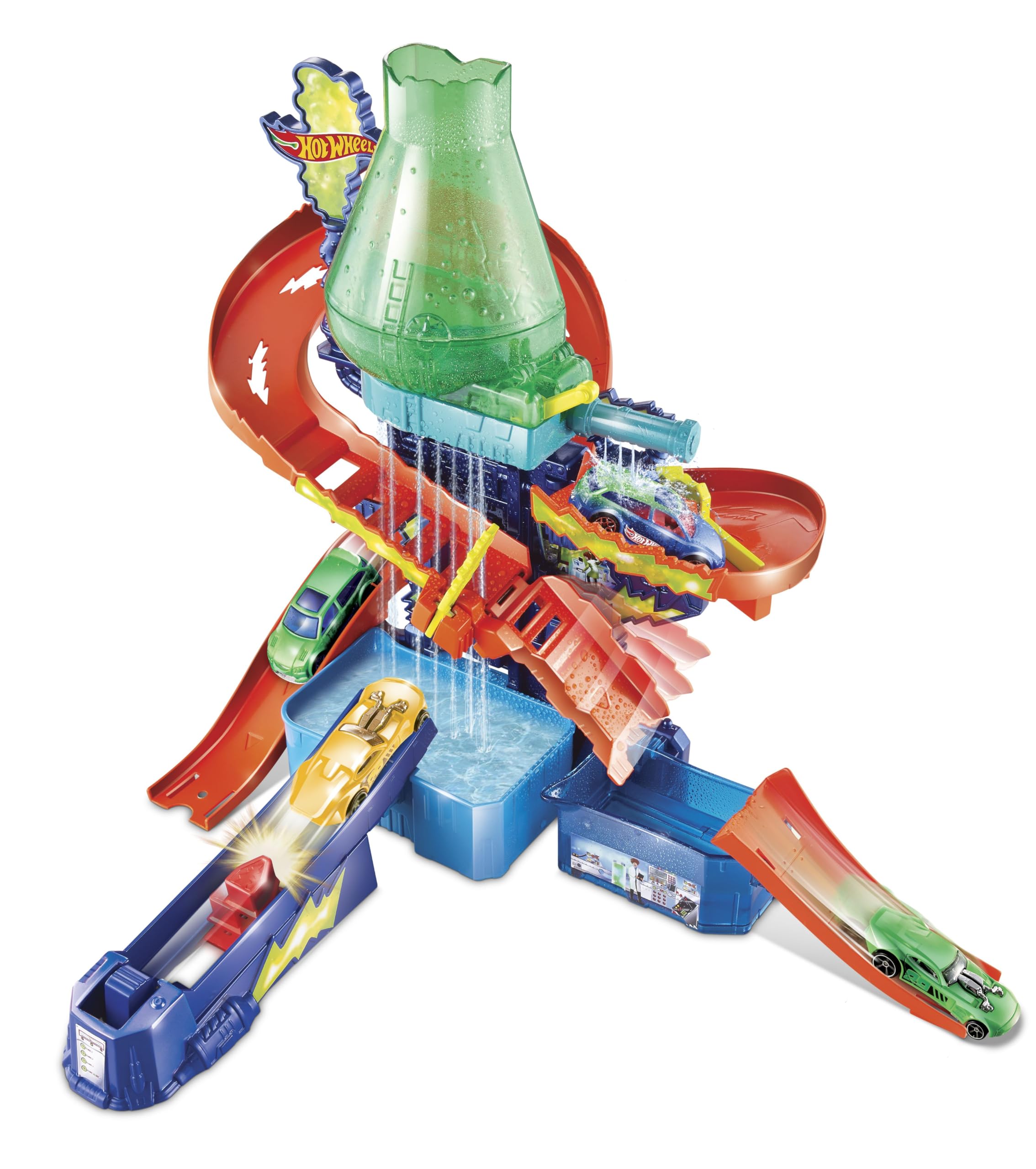 Hot Wheels Color Shifters Color Splash Science Lab highlights the color-change waterfall effect.