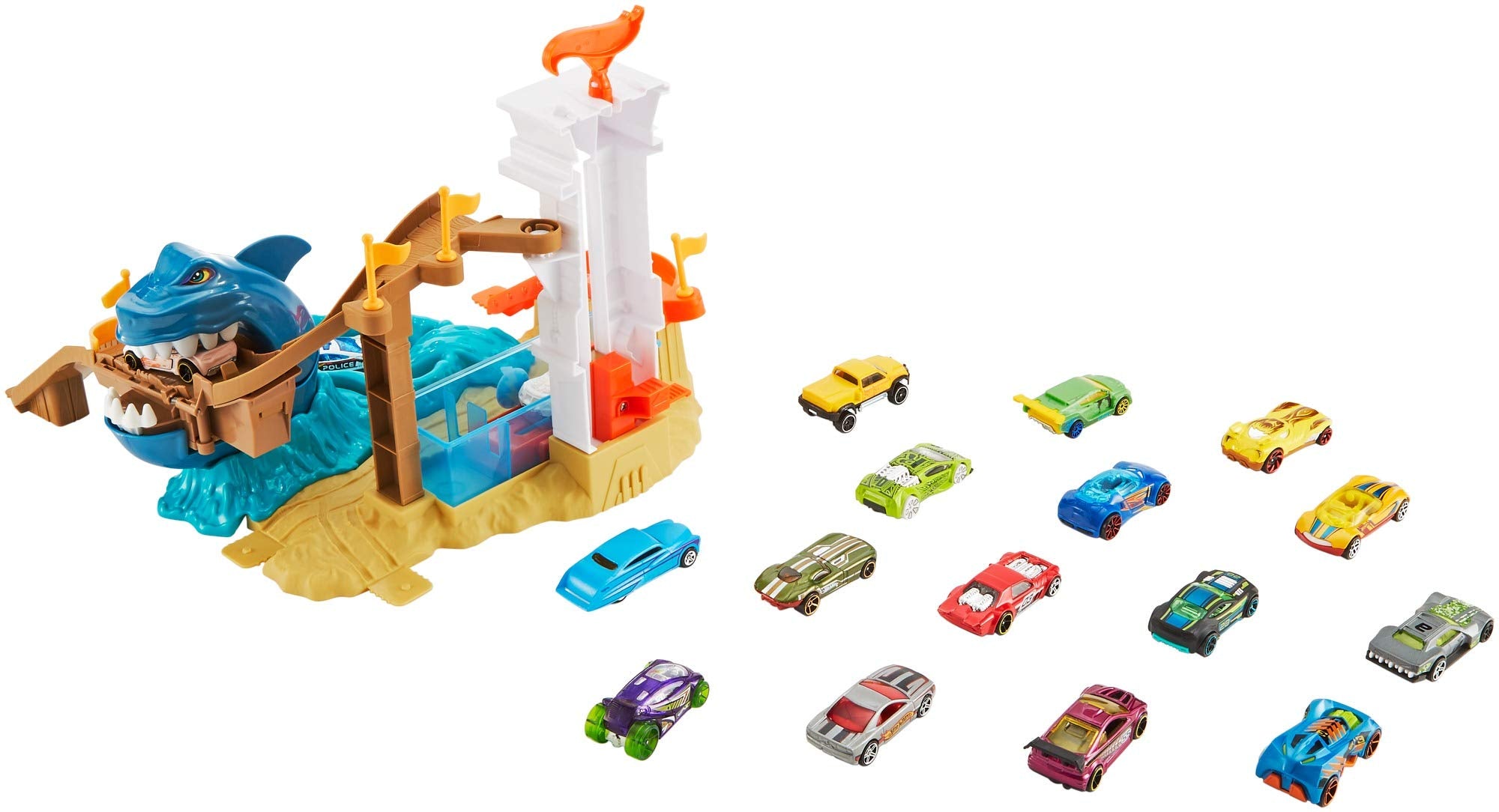 Hot Wheels Color Shifters Sharkport Showdown dunk tank reveals color changes during play.