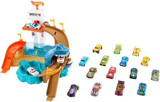 Hot Wheels Color Shifters Sharkport Showdown top tower ramp view highlighting fast action and color shifts.