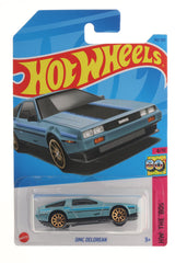 Hot Wheels DMC DeLorean front view highlights a metallic finish for display