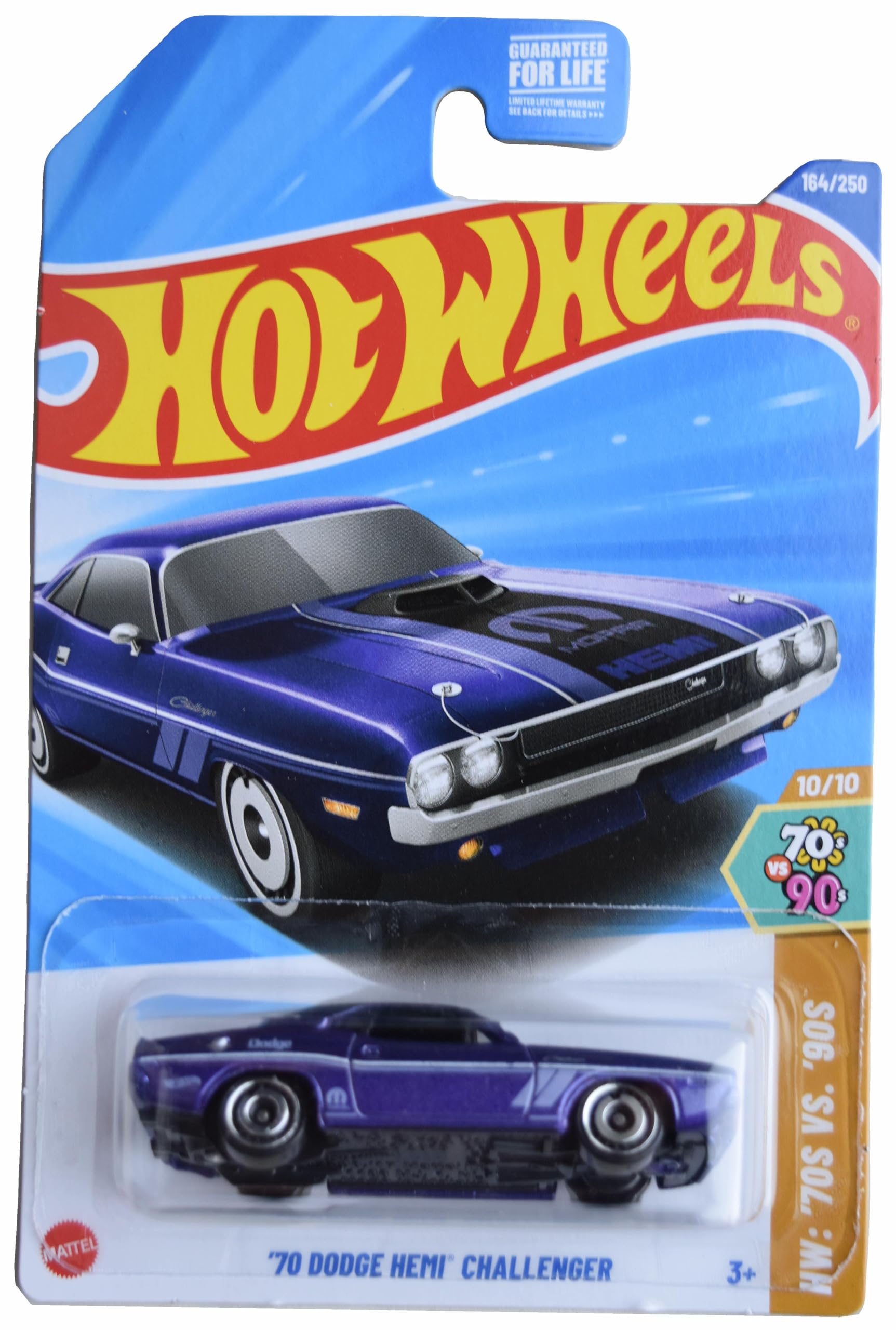 Hot Wheels 1970 Dodge Hemi Challenger in purple, 1:64 scale for display and collection