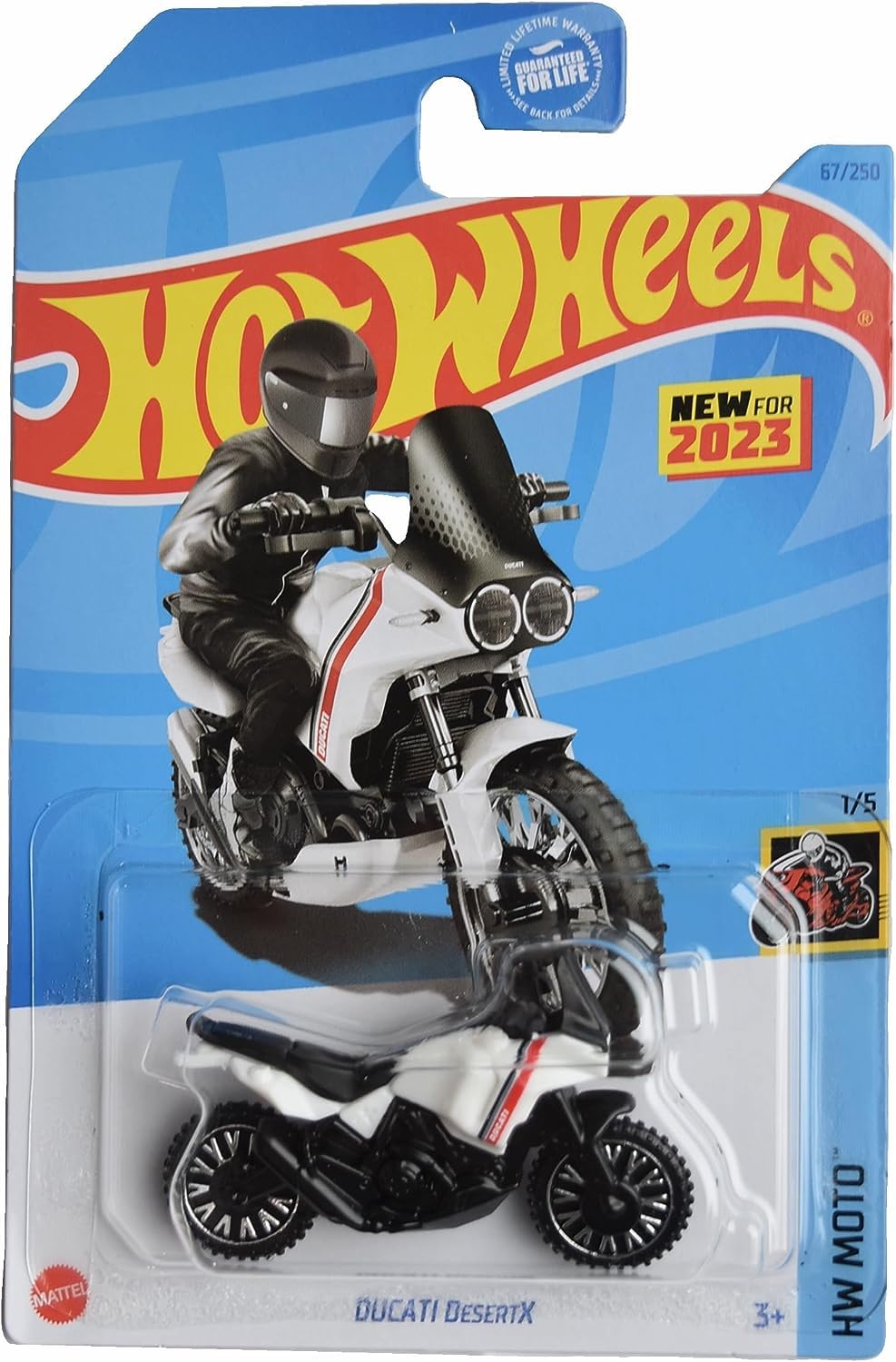 Hot Wheels Ducati DesertX die-cast model in white and black for display and gifting.